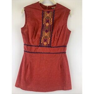 Dixie Deb Vintage Sleeveless Tunic Top Back Zip Red Embroidered Ribbon Womens 12